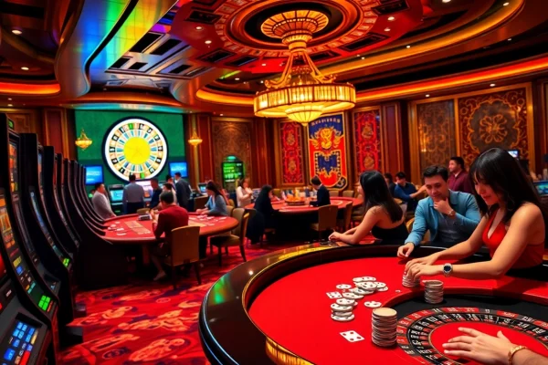 Experience the excitement of NEW888 with players enjoying vibrant casino games in a luxurious setting.