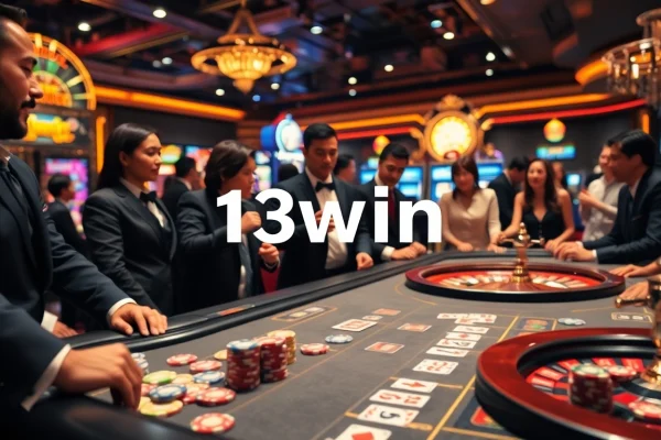A lively casino scene showcasing players engaging with the 13win nhà cái gaming table, highlighting excitement and professionalism.