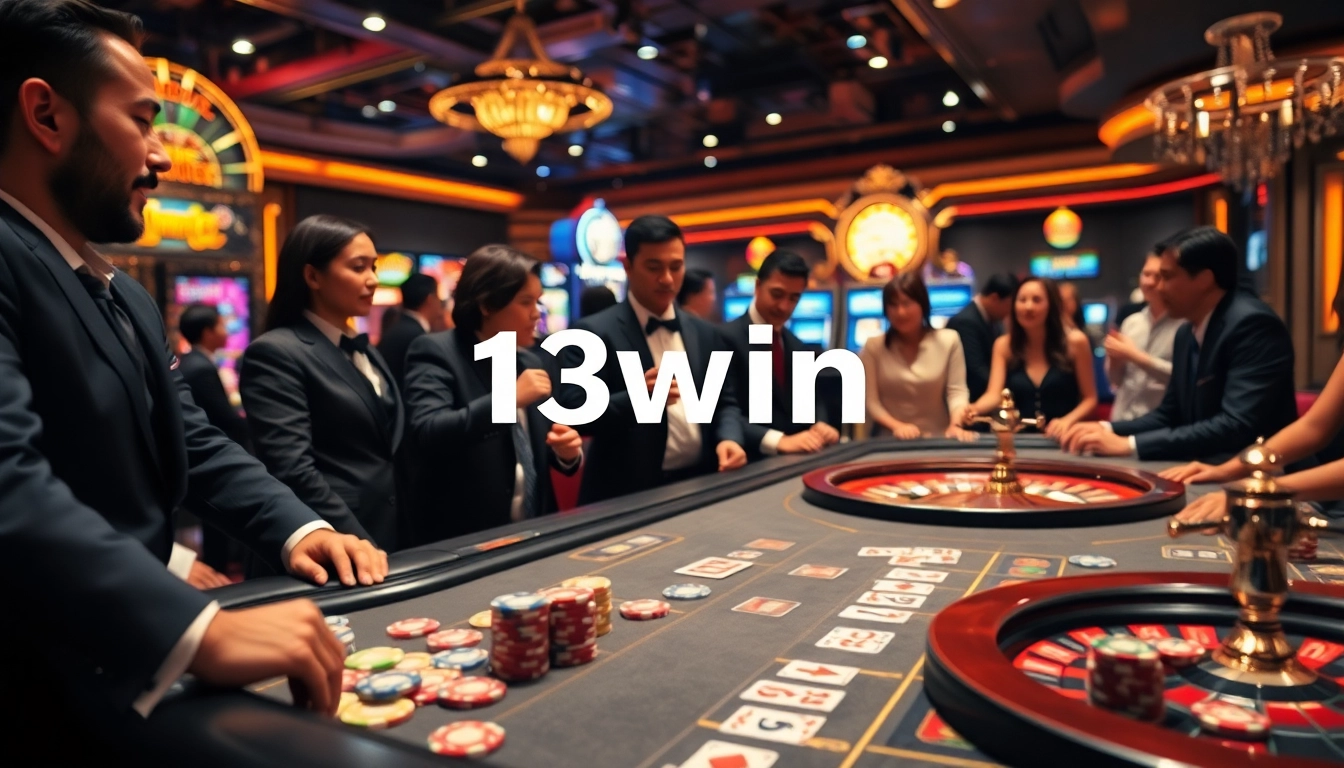 A lively casino scene showcasing players engaging with the 13win nhà cái gaming table, highlighting excitement and professionalism.