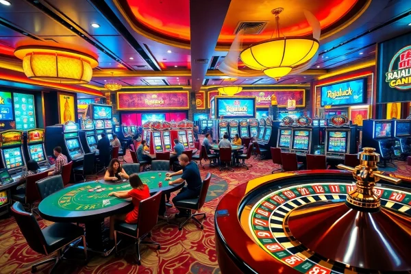Players enjoying slot machines and poker at Rajaluck's vibrant casino, featuring thrilling gameplay.