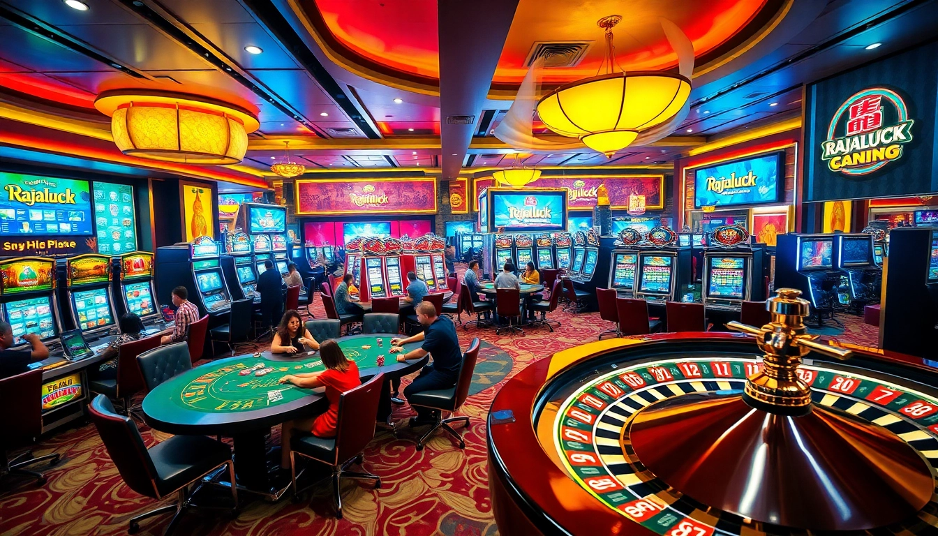 Players enjoying slot machines and poker at Rajaluck's vibrant casino, featuring thrilling gameplay.