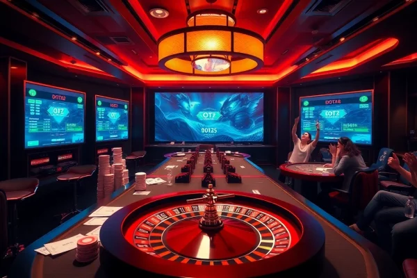 รีวิว E1 Sport Dota 2 betting scene with illuminated tables and poker chips in action.