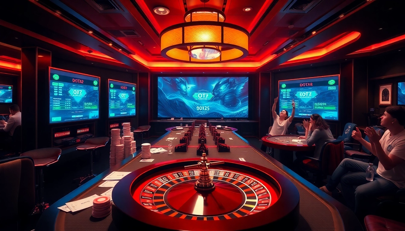 รีวิว E1 Sport Dota 2 betting scene with illuminated tables and poker chips in action.