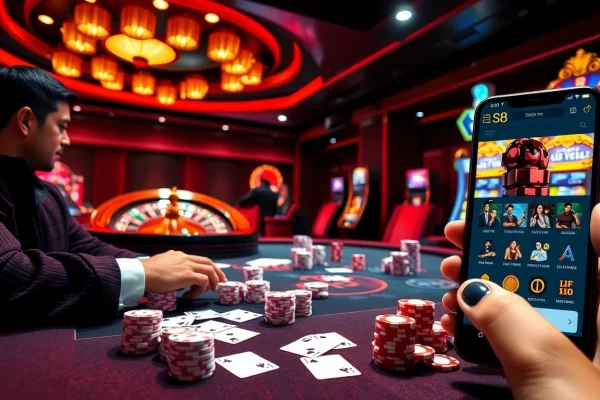 Players enjoying high-stakes poker at s8 nhà cái casino with vibrant slot machines.