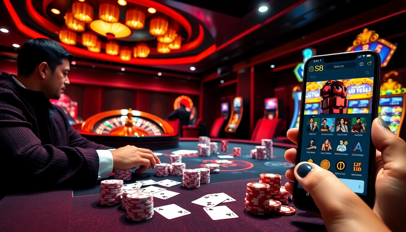 Players enjoying high-stakes poker at s8 nhà cái casino with vibrant slot machines.