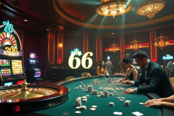 PG 66 casino scene showcasing a vibrant poker table and roulette wheel during an exciting game.