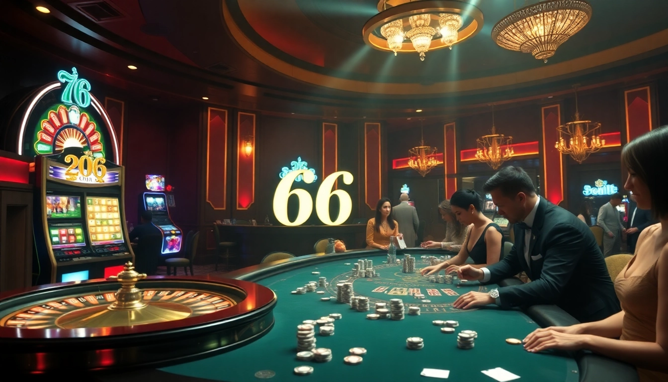 PG 66 casino scene showcasing a vibrant poker table and roulette wheel during an exciting game.