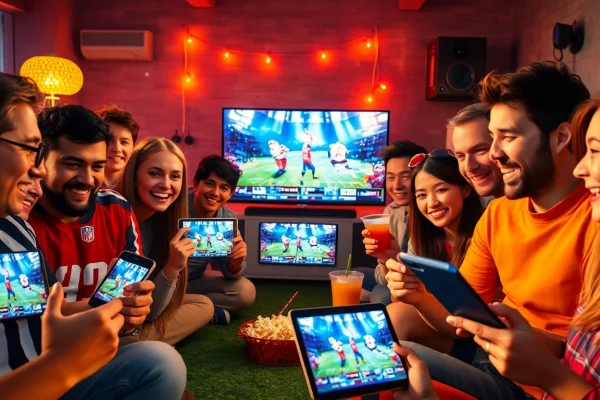 Football fans engaging with luongsontv on multiple devices, showcasing lively atmosphere and excitement.