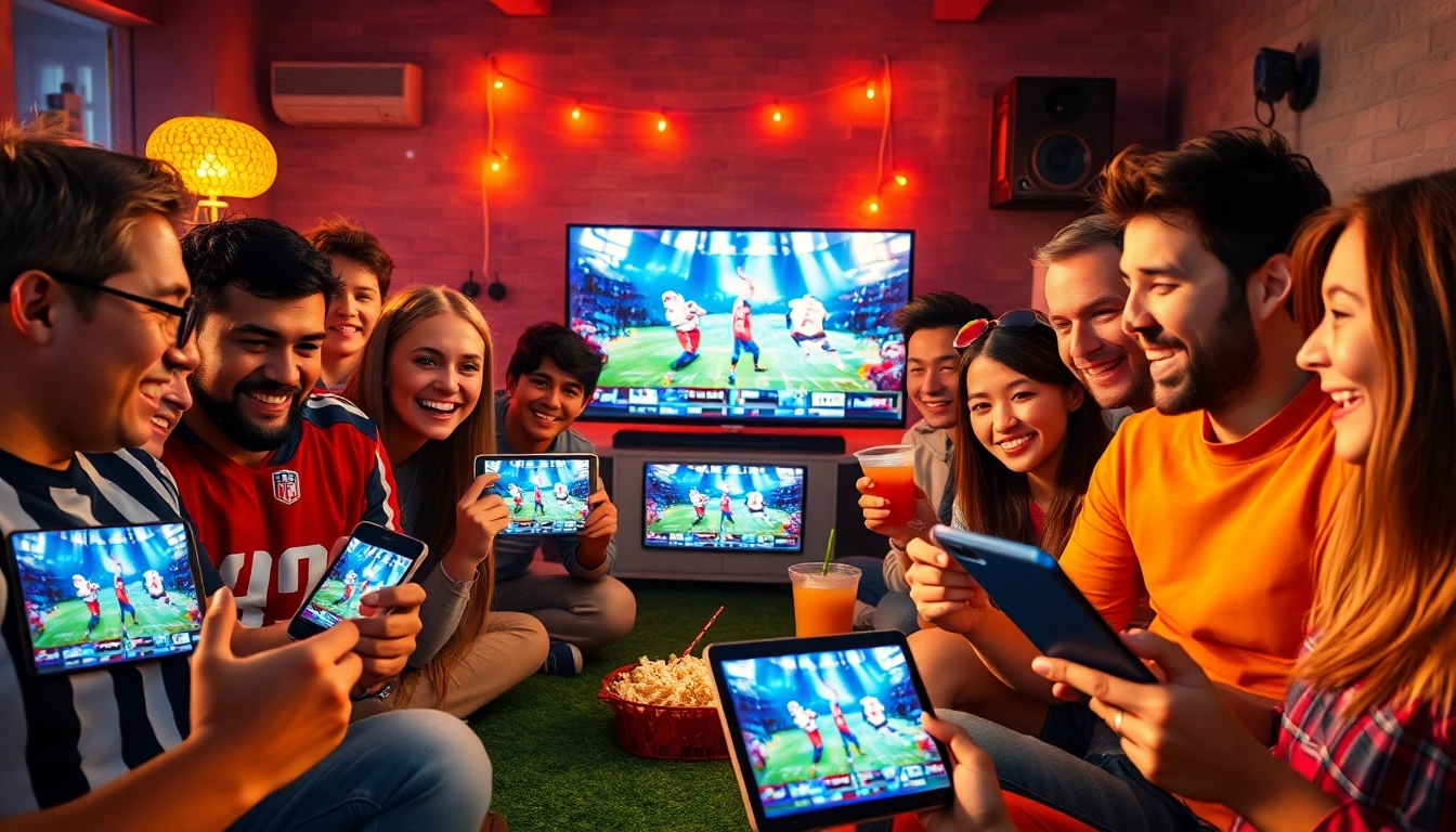 Football fans engaging with luongsontv on multiple devices, showcasing lively atmosphere and excitement.