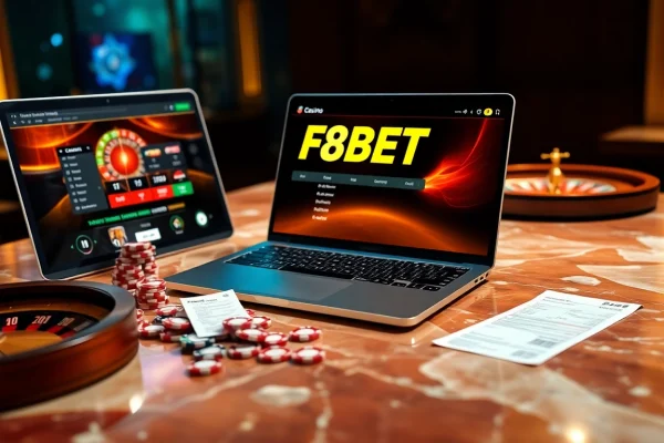 Experience the thrill of gambling with F8BET's luxurious online casino interface showcasing vibrant poker chips and a roulette wheel.
