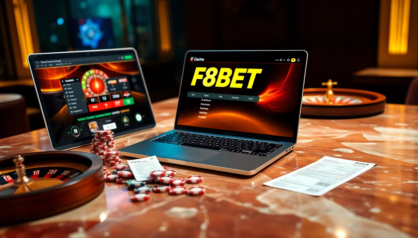 Experience the thrill of gambling with F8BET's luxurious online casino interface showcasing vibrant poker chips and a roulette wheel.