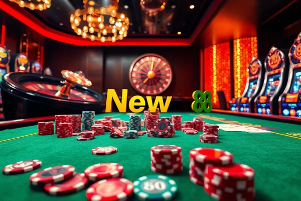 Experience the thrill of gambling at New 88 casino, where poker chips and cards create excitement.