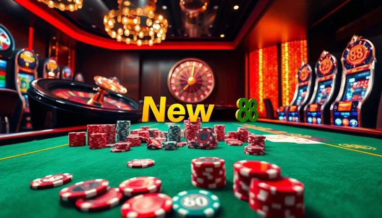 Experience the thrill of gambling at New 88 casino, where poker chips and cards create excitement.