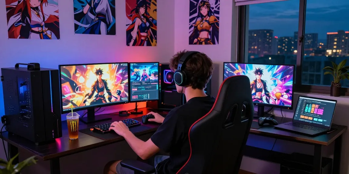 Dynamic gaming scene featuring a player immersed in hentai game action in a modern setup.