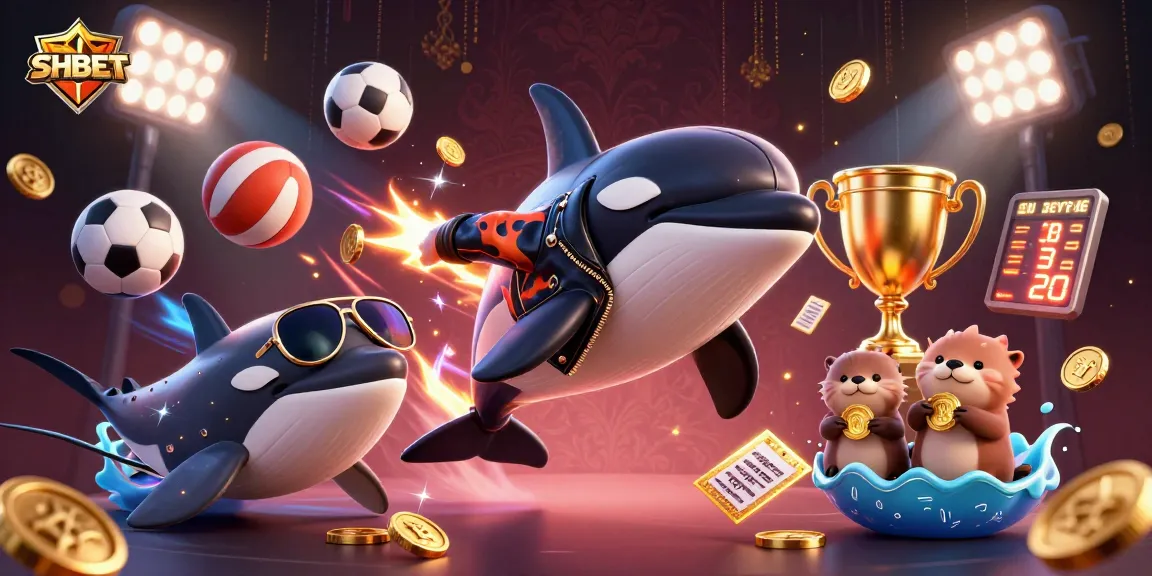 SHBET online casino scene with a jumping orca whale, stingray, and otters holding coins