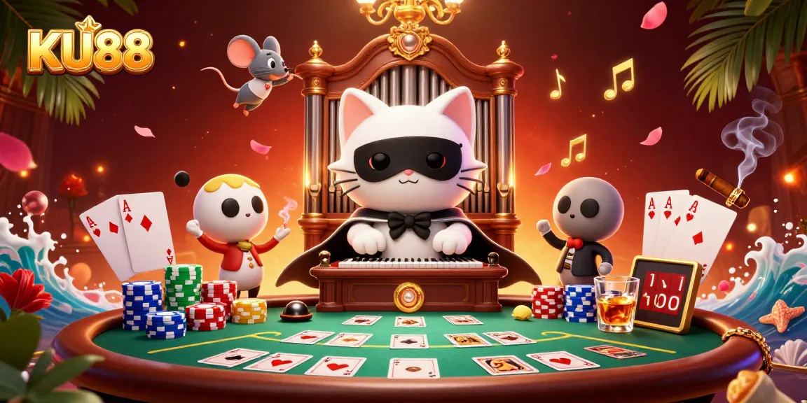 Join the fun at KU88 with a vibrant casino scene featuring poker elements and playful characters.