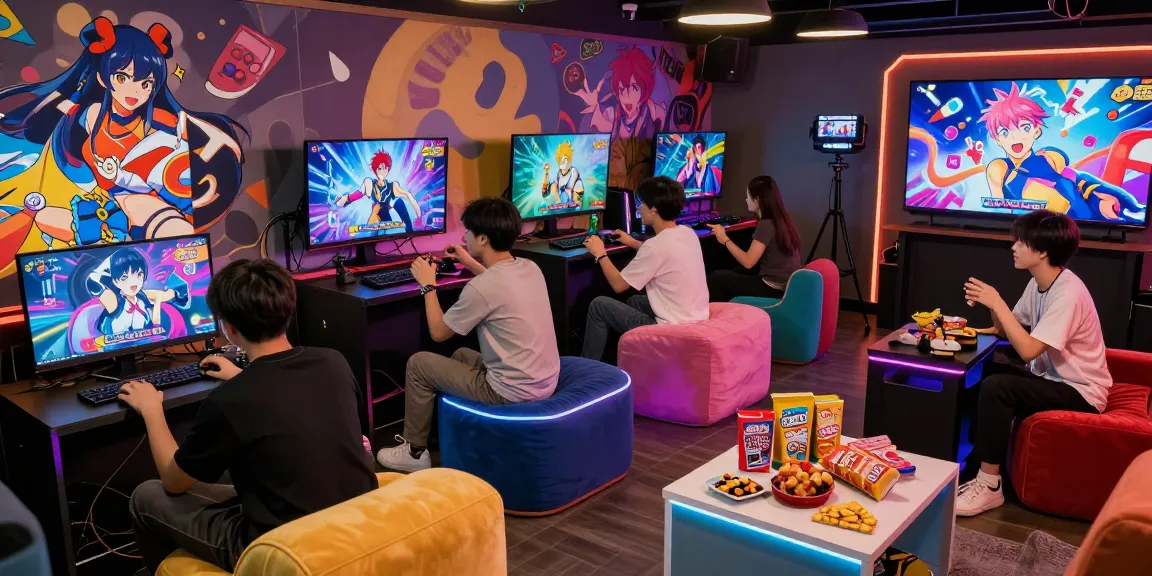 Exciting gaming lounge with players enjoying gay ecchi games, vibrant atmosphere.
