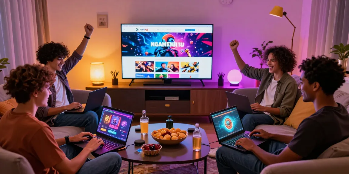 Friends enjoying online gaming at home with NGAMENJITU on screen.