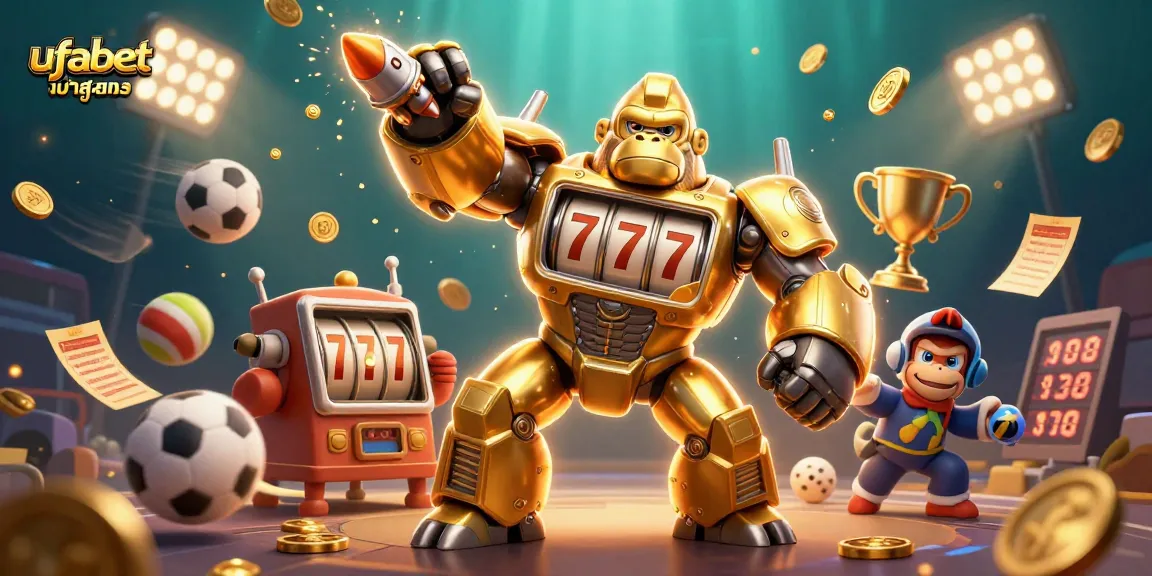 Experience thrilling action in ufabet เข้าสู่ระบบ with a golden gorilla mech and dynamic sports elements.