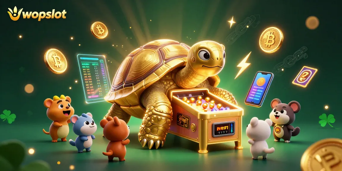 Engage with wopslot in a colorful gambling scene featuring a giant tortoise and vibrant slot elements.