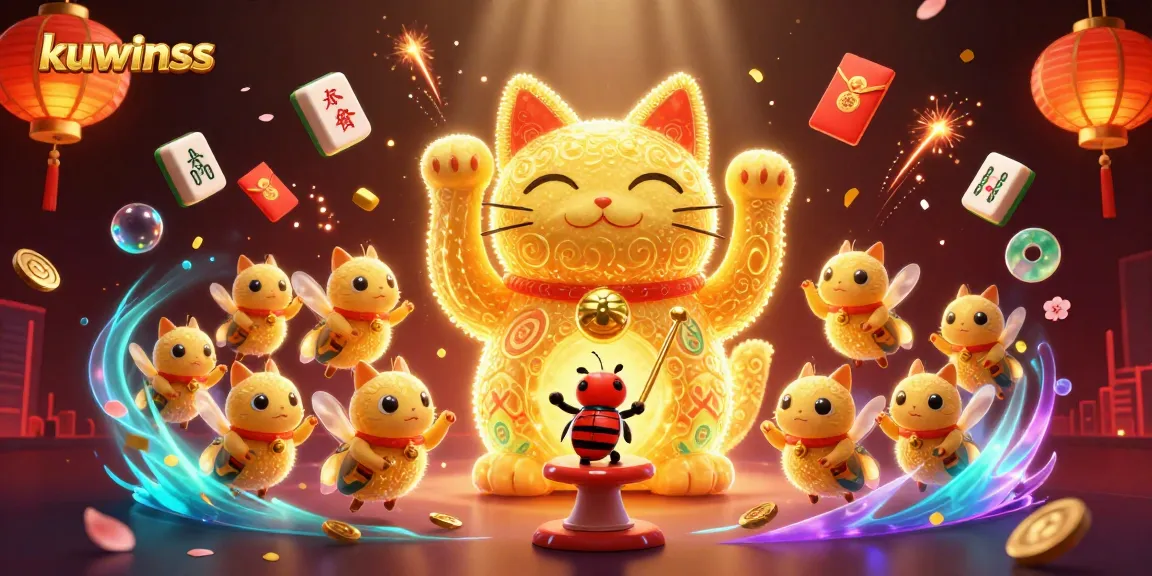 Experience thrilling gaming with kuwinss as colorful fireflies form a lucky cat amidst vibrant casino symbols.