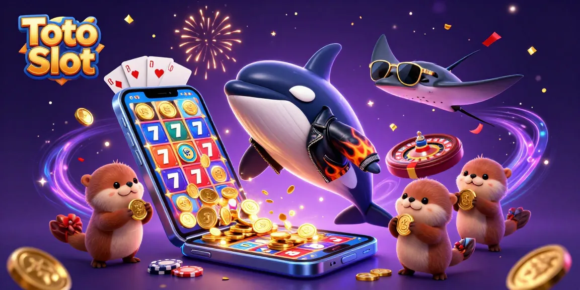 Toto Slot menghadirkan orca di dekat sinar dan berang-berang laut sambil mencetak kemenangan dengan koin emas.