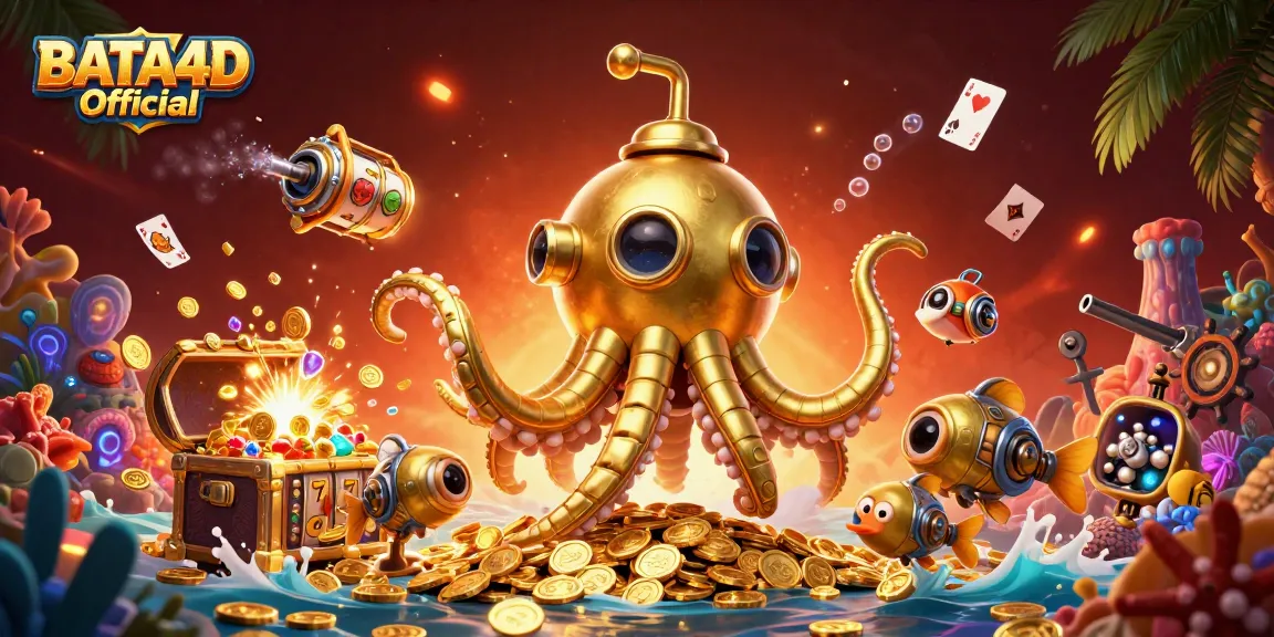 BATA4D Official menghadirkan suasana kasino dengan simbol jackpot dan karakter menarik di lautan koin.