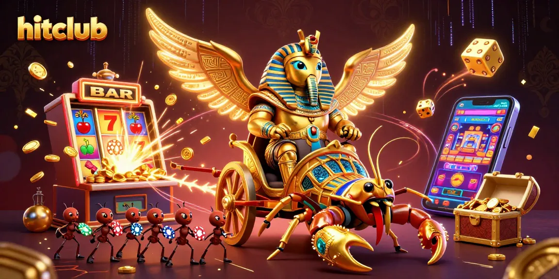 Experience jackpot excitement at Hitclub with golden scarab and dynamic gambling elements.